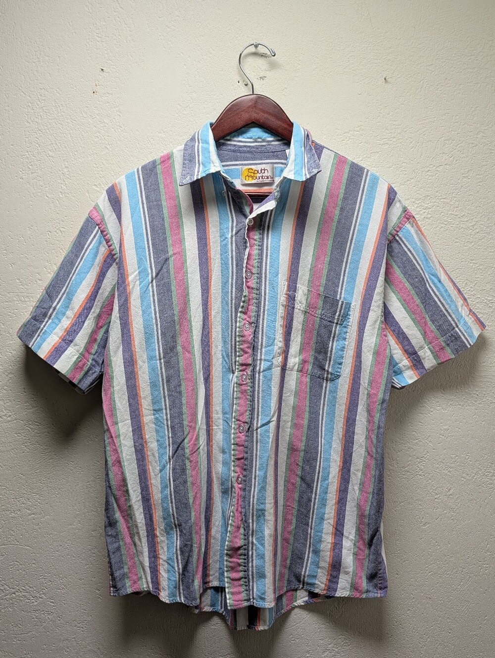 Vtg 90s South Mountain Striped Button Up Shirt Mens Medium Short Sleeve Cotton